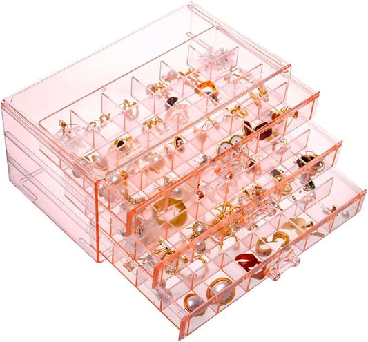 YUFONG Earring Storage Box Organizer 3 Drawers Acrylic Jewelry Storage Box Holder Transparent Jewelry Display Stand with 72 Small Compartments Gift for Women Girls (Clear Pink)