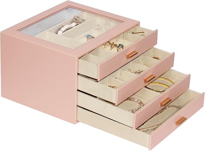 Jewelry Box with Glass Lid, 4-Layer Jewelry Organizer for Women Girls, PU Leather Display Case with 20-Grid Earring Tray & Movable Dividers for Necklaces Rings,Pink