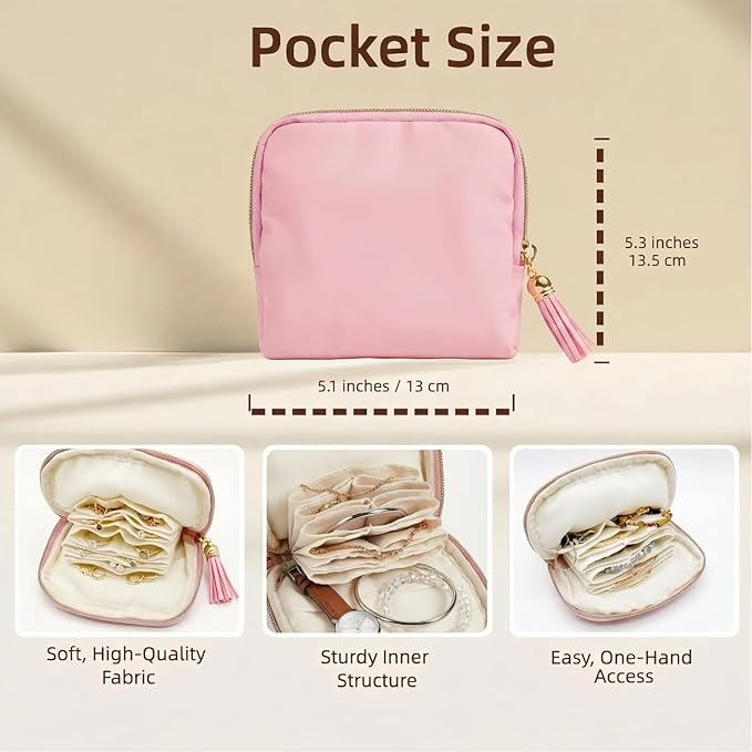 Mini Travel Jewelry Case, Small Jewelry Organizer, Jewelry Travel Case for Women, Portable Travel Jewelry Organizer Bag, Travel Jewelry Box – 5.3 × 5.1 inches (Pink)
