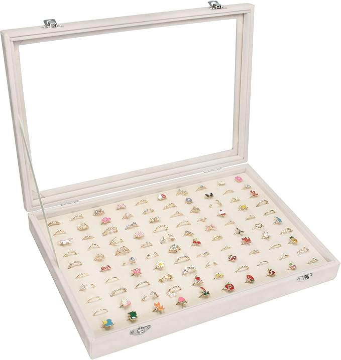 Vicoter Rings Organizer Tray 100 Slot Velvet Ring Earring Storage Box TranSparent Cover Jewelry Store Ring Display Box Jewelry Display Cabinet for Girl Wife Mother