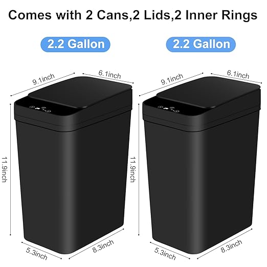 Anborry Bathroom Automatic Trash Can 2 Pack 2.2 Gallon Touchless Motion Sensor Small Slim Garbage Can with Lid Smart Electric Narrow Garbage Bin for Bedroom Office Kitchen (Black)