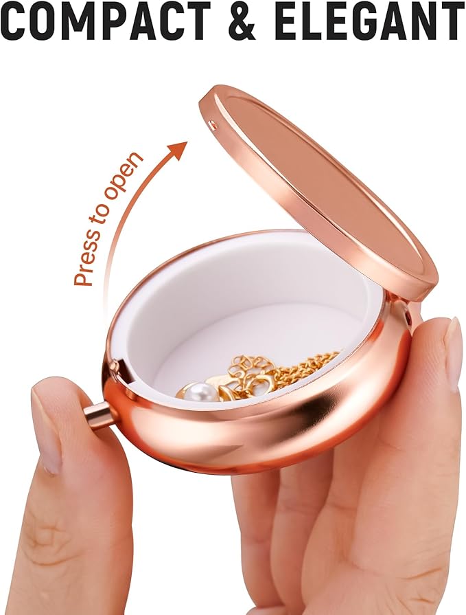 Mini Travel Jewelry Box with Built-In Mirror, Ultra-Portable Jewelry Holder for Rings, Necklaces, Earrings, Pills, Tea Bags, Small Accessories, Press-to-Open Multifunctional Storage (Pink)