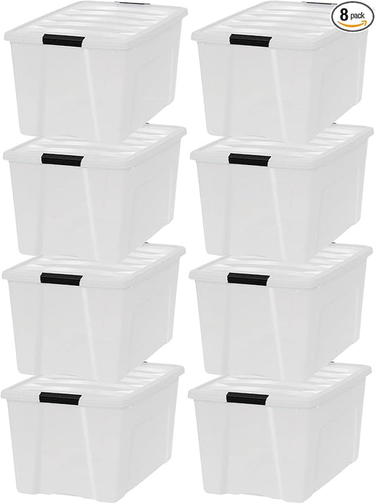 IRIS USA 72 QT Plastic Storage Box with Lid and Latches - 8 Pack - BPA-Free, Discreet Organizing Solution, Durable Nestable Stackable Containers, Secure Pull Handle - Pearl