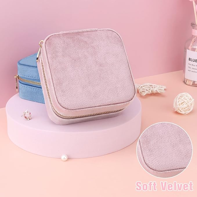 DesignSter Travel Jewelry Box - Velvet Mini Jewelry Organizer, Small Jewelry Case for Girls Women, Jewelry Storage Box for Rings Earrings Necklace (Square, Lotus Pink)