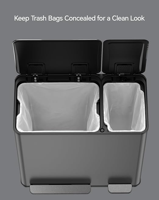 Lovewind Dual Trash and Recycling Bins for Kitchen, 13+6 Gallon Stainless Steel Garbage and Recycle Bin Combo for Large Families, Dual Trash Can with Soft Close Lid & Magnetic Stickers, Grey