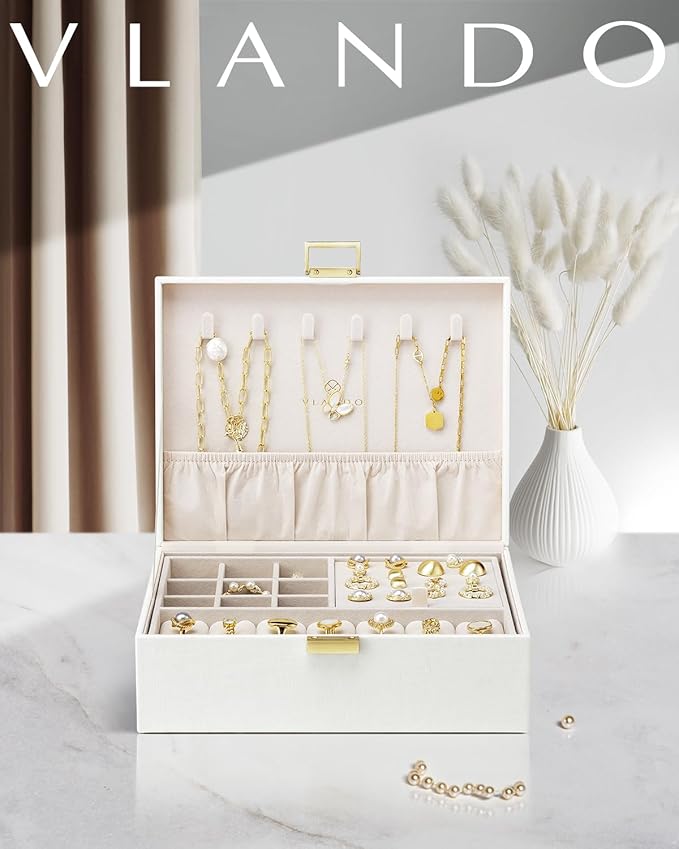VLANDO Jewelry Box for Women, Gift for Women Girls,2 Layer Jewelry Box,Large Jewelry Organizer for Women Removable Jewelery Tray for Necklace Earrings Rings(Cream White)
