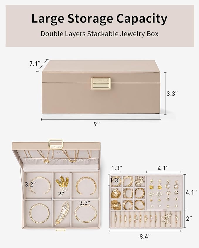 VLANDO Jewelry Box for Women, Gift for Women Girls,2 Layer Jewelry Box,Large Jewelry Organizer for Women Removable Jewelery Tray for Necklace Earrings Rings (Toffee)