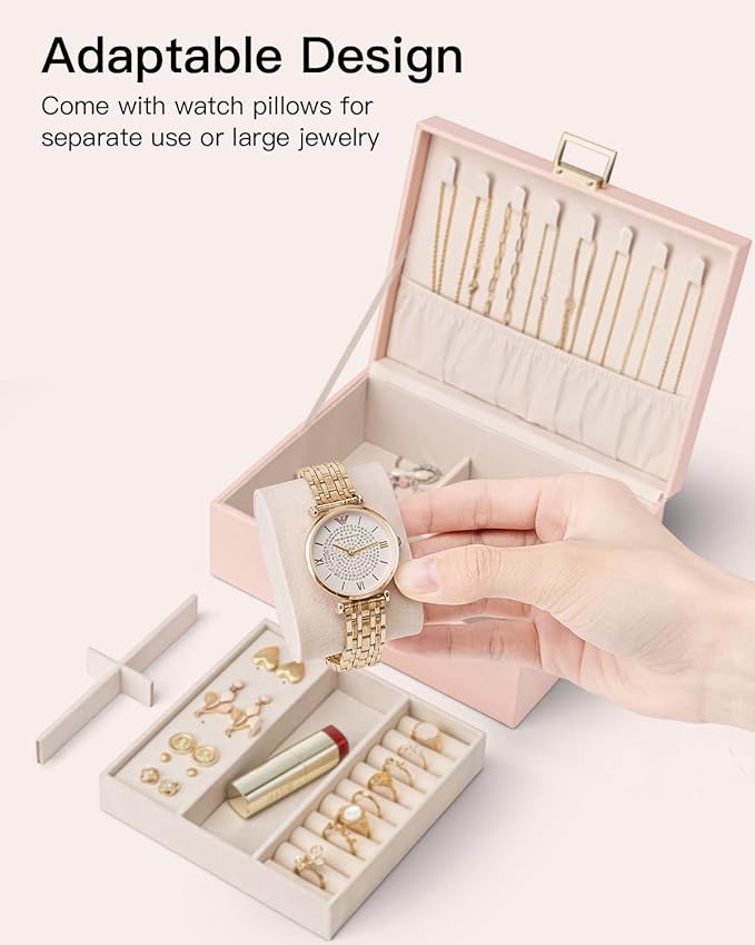 VLANDO 2 Layer Jewelry Box Large Jewelry Organizer for Mothers Day Mom Gifts Jewelery Tray with Watch Pillow for Necklace Earrings Rings Bracelets Jewelry Boxes for Holidays Gifts (Pink)