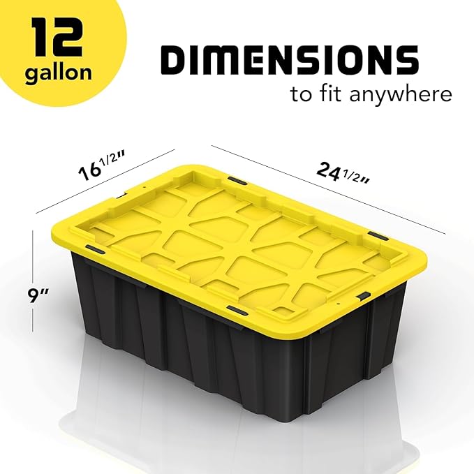 8 PACK Medium Black & Yellow Storage Bins | Plastic Tote Organizing Container with Secure Latching Lids, Stackable, Extra Strength with Built in Handle | Black and Yellow Bins | 24.5" x 16.5" x 9"