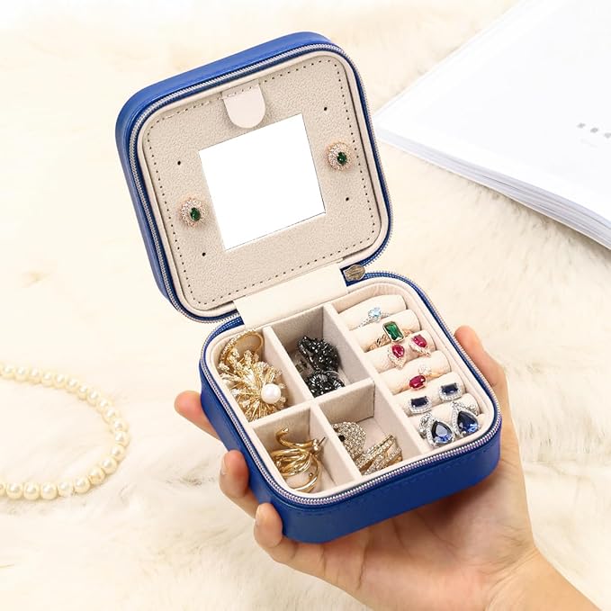 TRODANCE Jewelry Travel Case with Mirror,Small Travel Jewelry Organizer, Portable Jewelry Box Travel Mini Organizer Portable Display Storage Box For Rings Earrings Necklaces (NavyBlue)