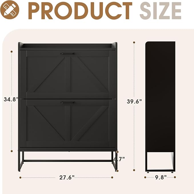 GRUSIGN Shoe Cabinet, Shoe Storage Cabinet with 2 Flip Drawers & Adjustable Shelf, Space-Saving Shoe Organizer – Holds 16+ Pairs, Narrow Shoe Cabinet Storage for Entryway/Hallway（Black）