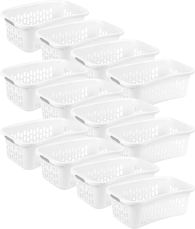 Sterilite 12 Pack HipHold Laundry Basket, Plastic Rectangle Clothes Hamper with Comfort Grip Handles & Reinforced Rim, 1.5 Bushel Capacity, White