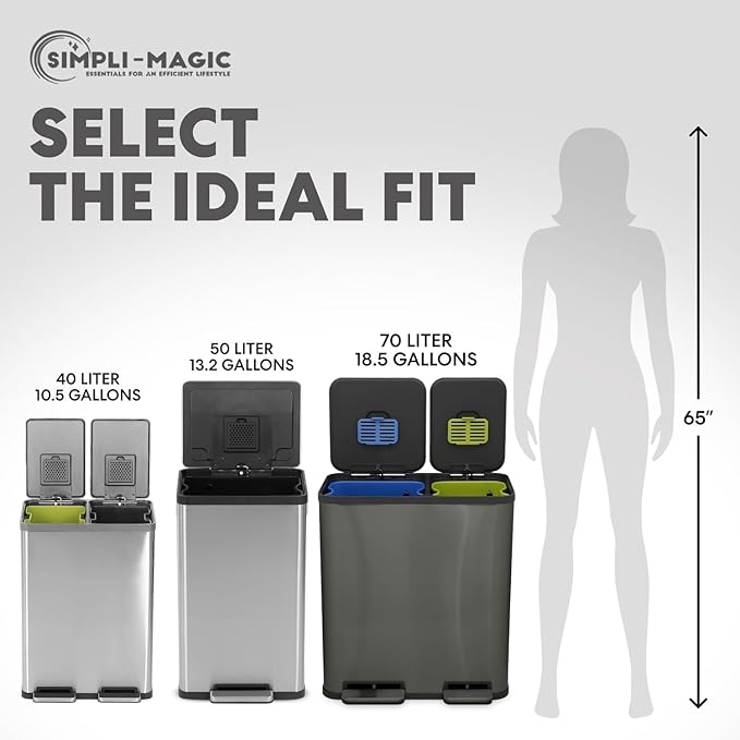 SIMPLI-Magic 18.5 Gallon (70L) Dual Compartment Kitchen Trash Can - Hands-Free Step Pedal, Soft-Close Lid, Stainless Steel Recycling Bin with Odor Filter (40L + 30L), Black