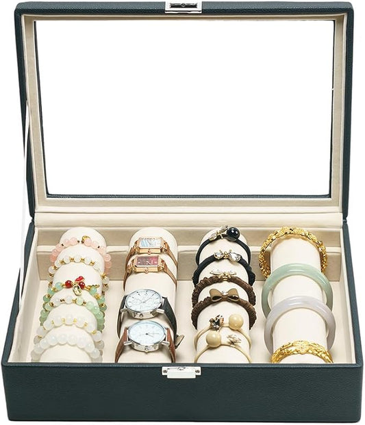 Bracelets Organizer Rods Bangles Display Holder, Clear See through Lid Leather Velvet Jewelry Storage Box Case for Women, 4 Rods Black Leather