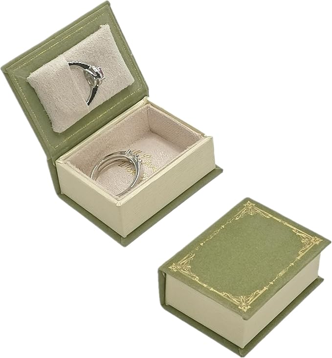 Book Shaped Ring Box - Vintage Engagement Ring Box with Hinged Lid for Proposal Engagement Wedding, Proposal Ring Case-PRB012-Green