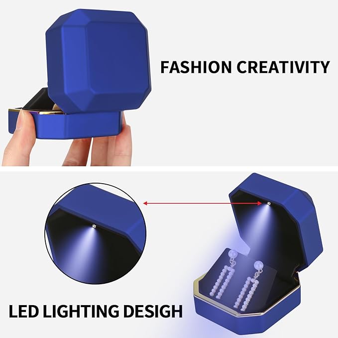 Luxury LED Jewelry Earring Pendant Stud Box, Velvet Earring Necklace Gift Box Storage Case Organizer Holder for Proposal Engagement Wedding Anniversary Birthday Ceremony (Blue)