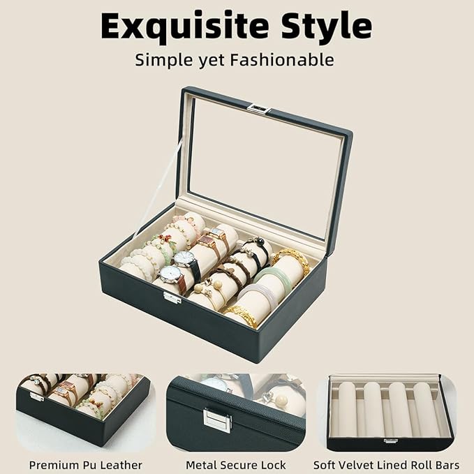 Bracelets Organizer Rods Bangles Display Holder, Clear See through Lid Leather Velvet Jewelry Storage Box Case for Women, 4 Rods Black Leather