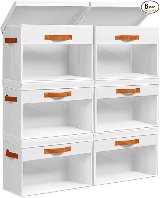 Homsorout Large Storage Bins with Lids - 6 Pack Foldable Decorative Organizers with Clear Windows & Handles, Cube Storage Organizers for Clothes, Blankets, Sweaters, Sheets, White