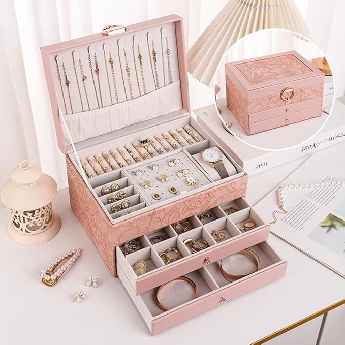 TOFUNTOY Jewelry Organizer Box, Large Jewelry Boxes for Women, 3-Layer Jewelry Holder Organizer for Necklace Earrings Rings Bracelets Storage, Gift for Her Mom