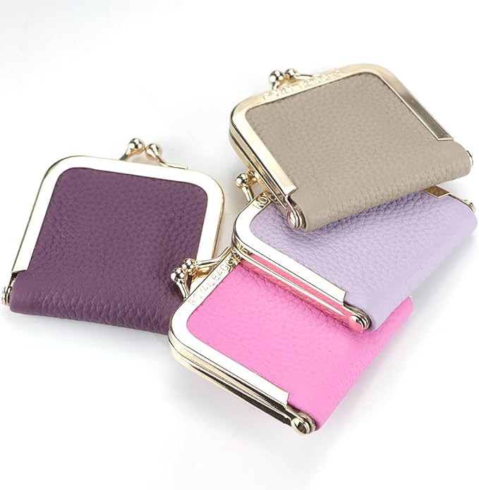 Royal Bagger Genuine Cow Leather Ultra-Slim Mini Jewelry Box, Ring & Necklace Storage, Slim Coin Purse with Kiss Lock for Women 3120 (Rose)