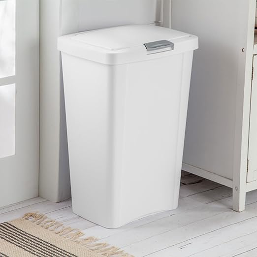 Sterilite 13 Gallon TouchTop Wastebasket Trash Can Garbage Recycle Bin with Titanium Latch for Kitchen, Garage, Basement, or Office, White (8 Pack)