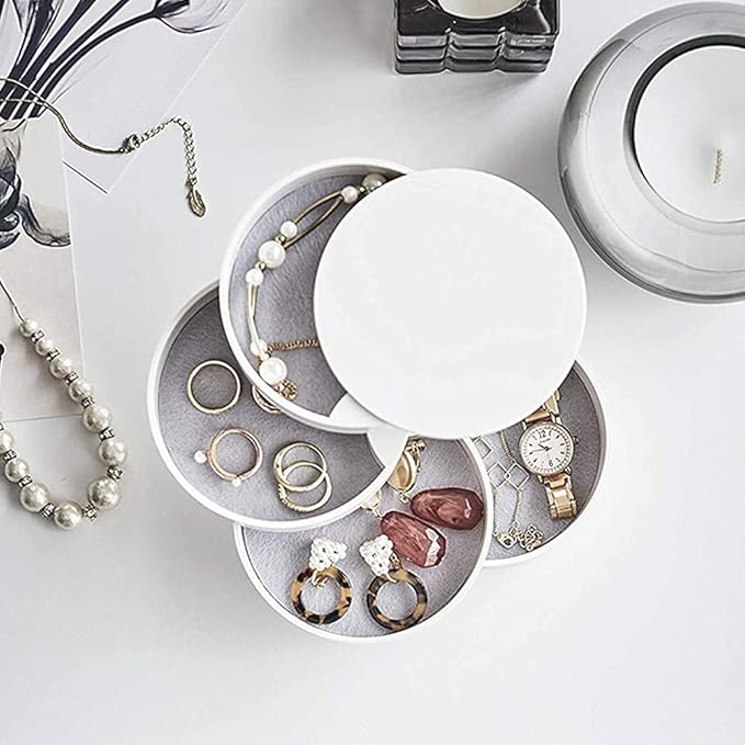 Jewelry Organizer Small Jewelry Storage Box 4-Layer Rotating Travel Jewelry Tray Holder for Women Bracelets Rings Bracelets Earrings (White)