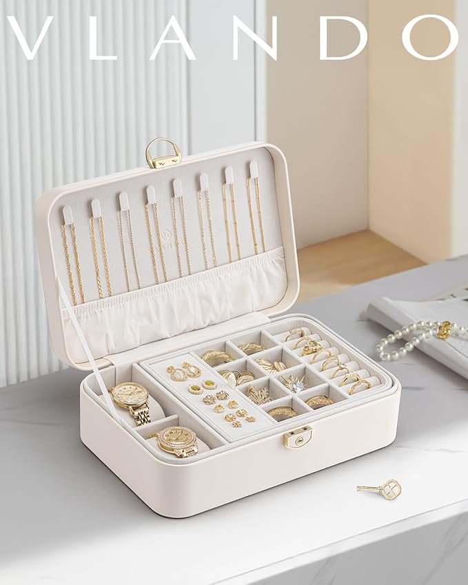 VLANDO 2 Layer Jewelry Box,Jewelry Organizer Storage Lockable Earring Organizer Removable Jewelry Tray with Watch Pillow for Neckable Ring Bracelets-Cream White
