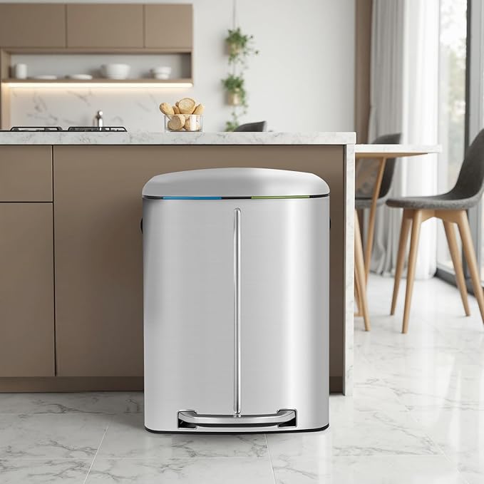 FDW | 10 Gallon Trash Can with Lid | Stainless Steel | Fingerprint-Proof | Made of Stainless Steel | Soft-Close Step Pedal | Hands-Free Use | Easy to Clean | for Kitchen, Office, Bathroom
