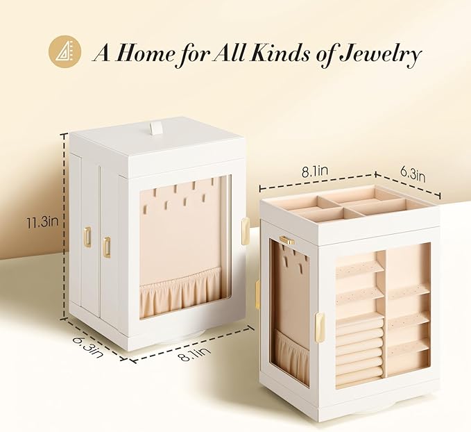 TidyStash 360° Rotating Jewelry Organizers and Storage, Large Jewelry Boxes for Women Necklace, Ring Earring Storage, Vertical Accessory Organizers and Storage, Cream White