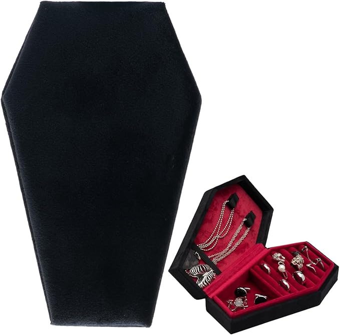 Velvet Coffin Jewelry Travel Case Holder for Gothic Wedding Ceremony Jewelry Organizer Decoration (Black and Red)
