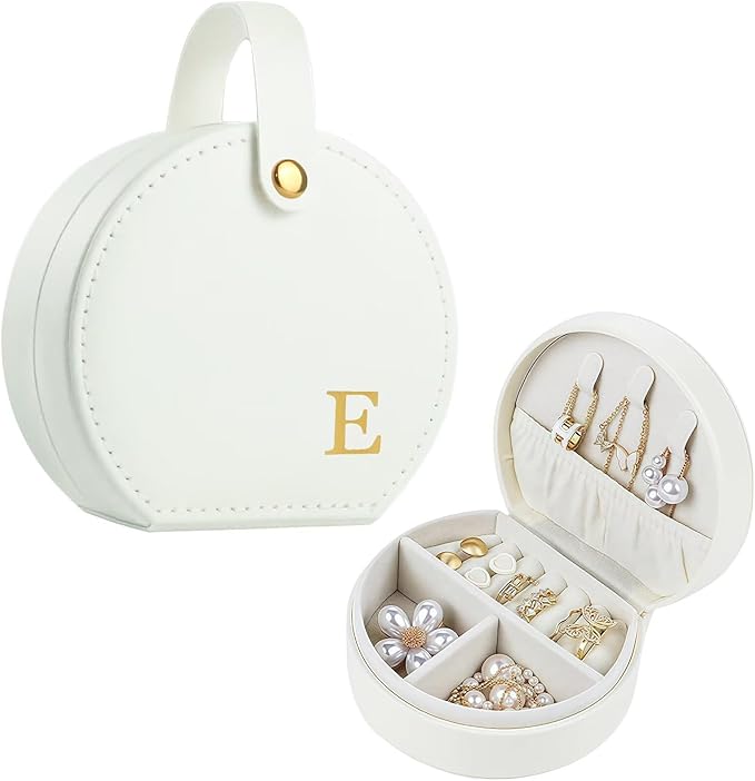 Travel Jewelry Case, Elegant Half-Moon Design with Golden Accents, Detachable Handle, White Personalized Accessory Organizer, Fashion-Forward Gift for Women and Teens(E)
