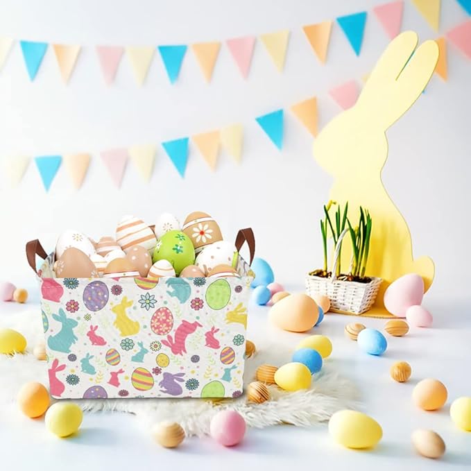 CLOCOR Easter Eggs Basket Empty with Colorful Eggs-pattern,Rectangular Easter Gift Basket with Handles for Boys and Girls,Toys Bin,Room Decor(Easter Eggs Basket)