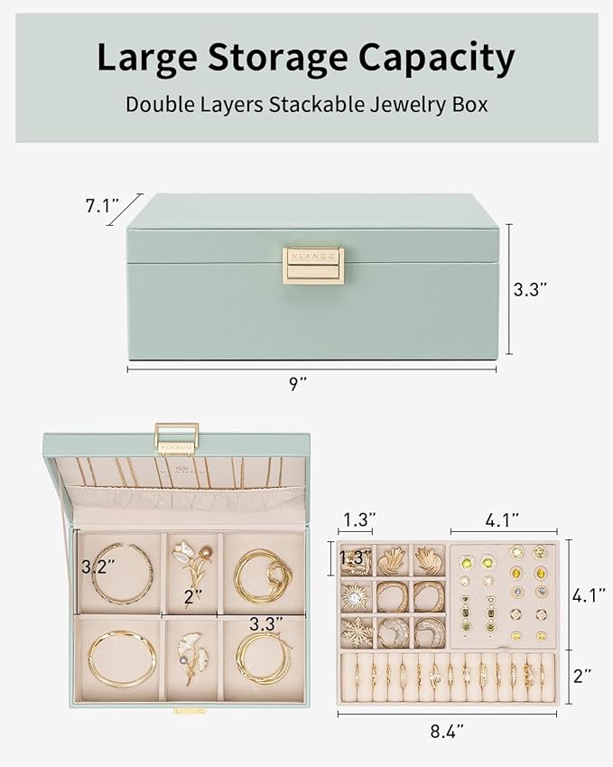VLANDO 2 Layer Jewelry Box Large Jewelry Organizer for Women Removable Jewelery Tray for Necklace Earrings Rings Bracelets Holidays Gifts for Mom Wife (Green)