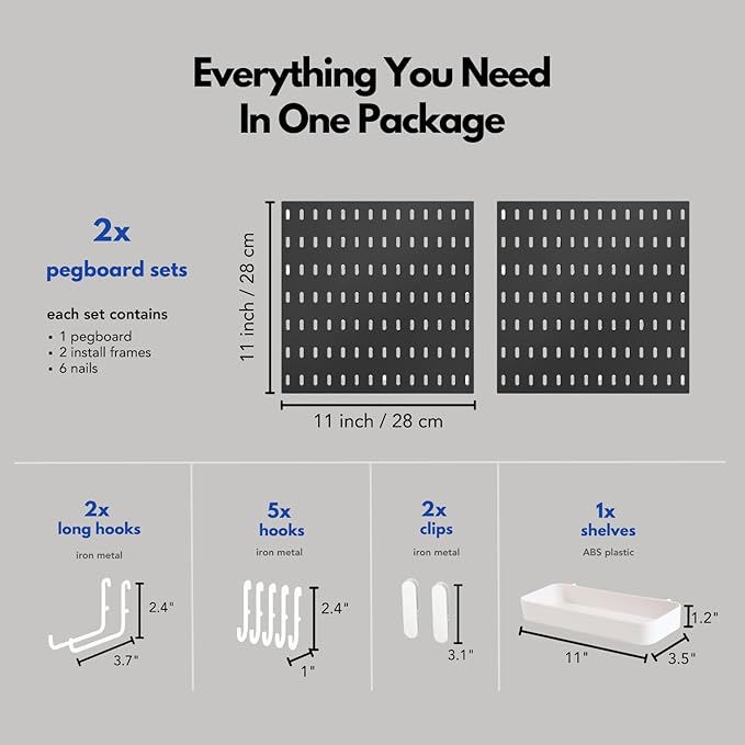 Keepo Peg Board Wall Organizer – Plastic Pegboard Panels, Modular Peg Board Storage System for Home Office, Craft Room, Gaming Setup (Black, 22″×11″)