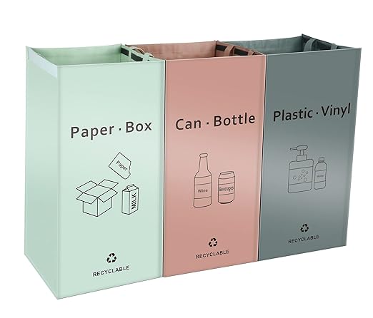 JIALAI HOME Separate Recycling Bin for Kitchen Home - Indoor Recycle Bins (Pink, Green, Gray) Waste Trash Sorting Bins, Reusable Waterproof Affordable Recycle Bags, Pack of 3 Bags