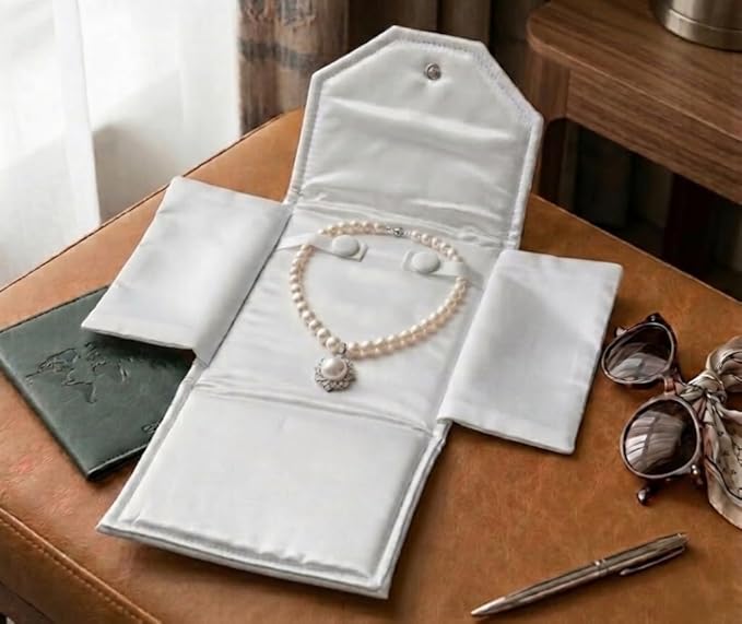 Novel Box Necklace Display Pearl Folder 8x6 inch Large Travel Jewelry Case - Wedding Jewelry Storage Holder with Smooth Finish - Jewelry Organizer Necklace Box - White/White Stitched
