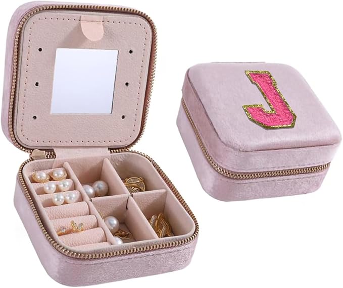 Personalized Velvet Travel Jewelries Case Jewelry Box for Women Ring Necklace Earring Holder Organizer Box with Mirror for Girls Jewelrys Birthday Gifts for Mom Initial (Pink, Red-J)