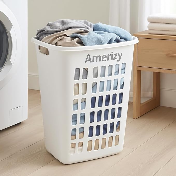 Large White Plastic Laundry Hamper – Rectangular Open Top Clothes Basket with Ventilation, Lightweight Durable Bin for Bedroom, Bathroom, Closet or Dorm Us