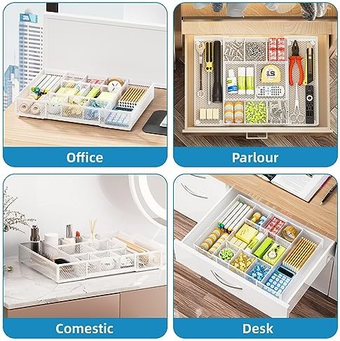 Marbrasse Expandable Desk Drawer Organizer, Mesh Drawer Organizer Tray with 10 Adjustable Compartments, Desk Organizers and Accessories for Office Supplies, Makeup & Vanity (Expandable White-2 pack) - Image 4