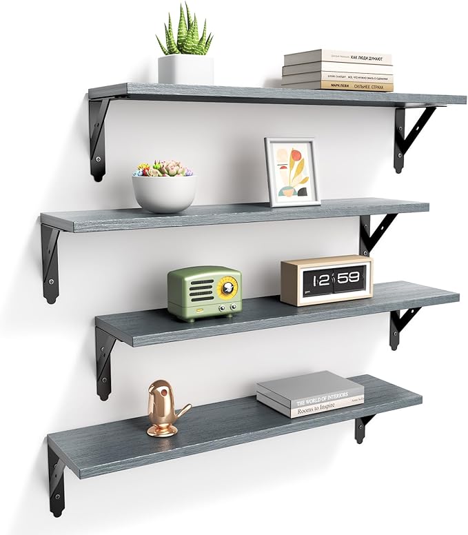 ROMGUAR CRAFT Wood Floating Shelves Set of 4, Rustic Storage Decor Wall Shelves, Wall Mounted Shelf for Living Room, Bedroom 23.6" x 6", Grey