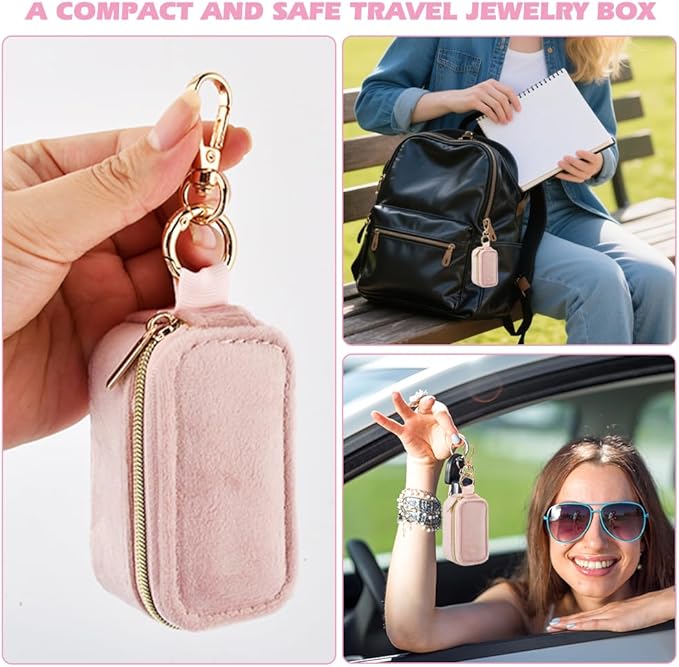 Velvet Mini Travel Jewelry Case, 2 in 1 Ring Holder Keychain + 50 Plastic Earrings, Portable Small Jewelry Organizer for Women, Travel/Gym/Wedding/Bridesmaid Gift