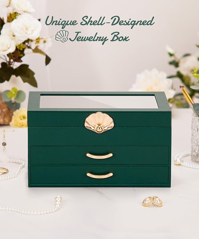 Enthralite Jewelry Box with 2 Drawers: Display Organizer for Earrings Necklaces - Christmas Gifts for Girls Women (Forest Green)