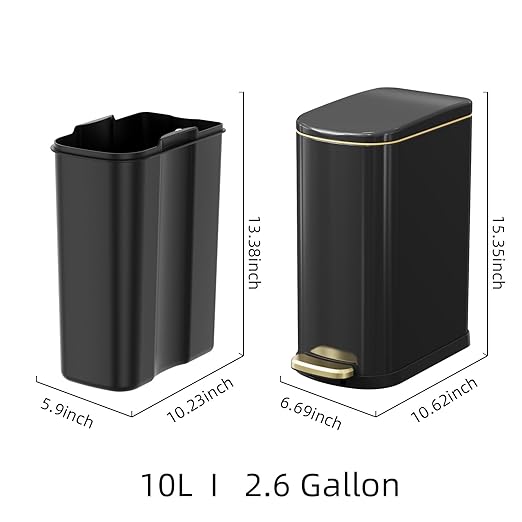KSSKSS 2.6 Gallon Slim Bathroom Trash Can with Soft-Close Foot Pedal, 10L Stainless Steel Garbage Can with Removable Liner Bucket, for Narrow Spaces,Bathroom, Bedroom (Titanium Black)