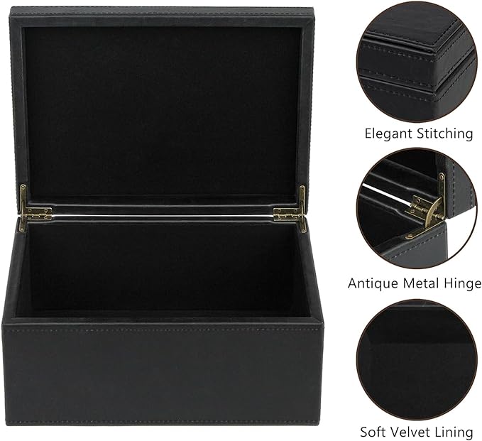 HofferRuffer Faux Leather Decorative Box, Large Wooden Structure Keepsake Box Accessory Organizer Jewelry Organizer with Hinged Lid, Storage Container for Home or Office (Black)