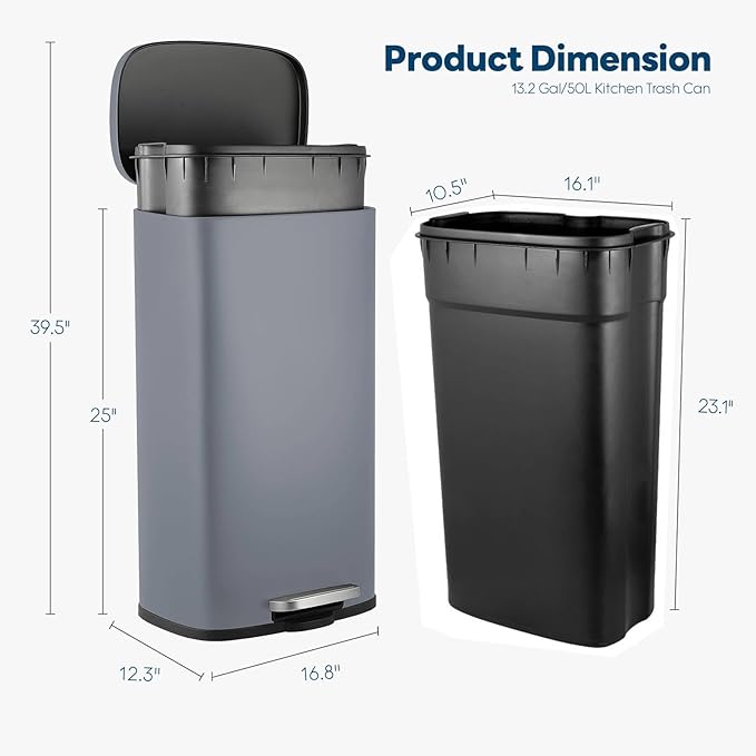 13.2 Gal Kitchen Trash Can, 50L Recycling or Garbage Bin, Brushed Stainless Steel Waste Basket, Soft&Quiet Close Dustbin, with Step-On Pedal, Removable Inner Bucket, for Home, Office, Living Room