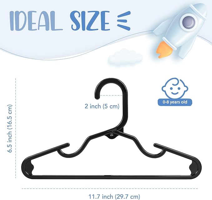 HOUSE DAY Baby Hangers 100 Pack - Durable Plastic Infant & Kids Clothes Hangers, Thin Compact Space-Saving Design for Nursery/Children's Closet, Toddler Small Hangers Black (Infant/Baby/Toddler/Kids)