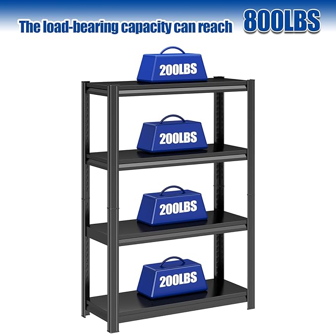 PRESTELION 4 Tier Storage Shelves 800LBS Metal Heavy-Duty Shelving Adjustable Shelving Unit for Laundry Bathroom Kitchen Pantry Closet Garage Office Black（44" H×31.5" W×11.8" D）