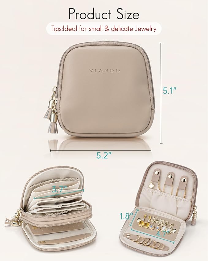 VLANDO Travel Jewelry Case,2-Layer Jewelry Organizer for Travel,Mothers Day Mom Gifts Teacher Gift,Multi-Compartment Jewelry Storage for Rings Earrings Necklaces Bracelets-Toffee
