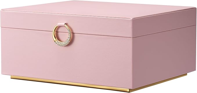 pickpiff 2 Layer Jewelry Box Organizer for Women, Jewelry Organizer with Handle & Removable Tray, Necklace Holder Ring Earring Storage, Velvet Lined Jewelry Case for Home or Travel, Gift Ready, Pink