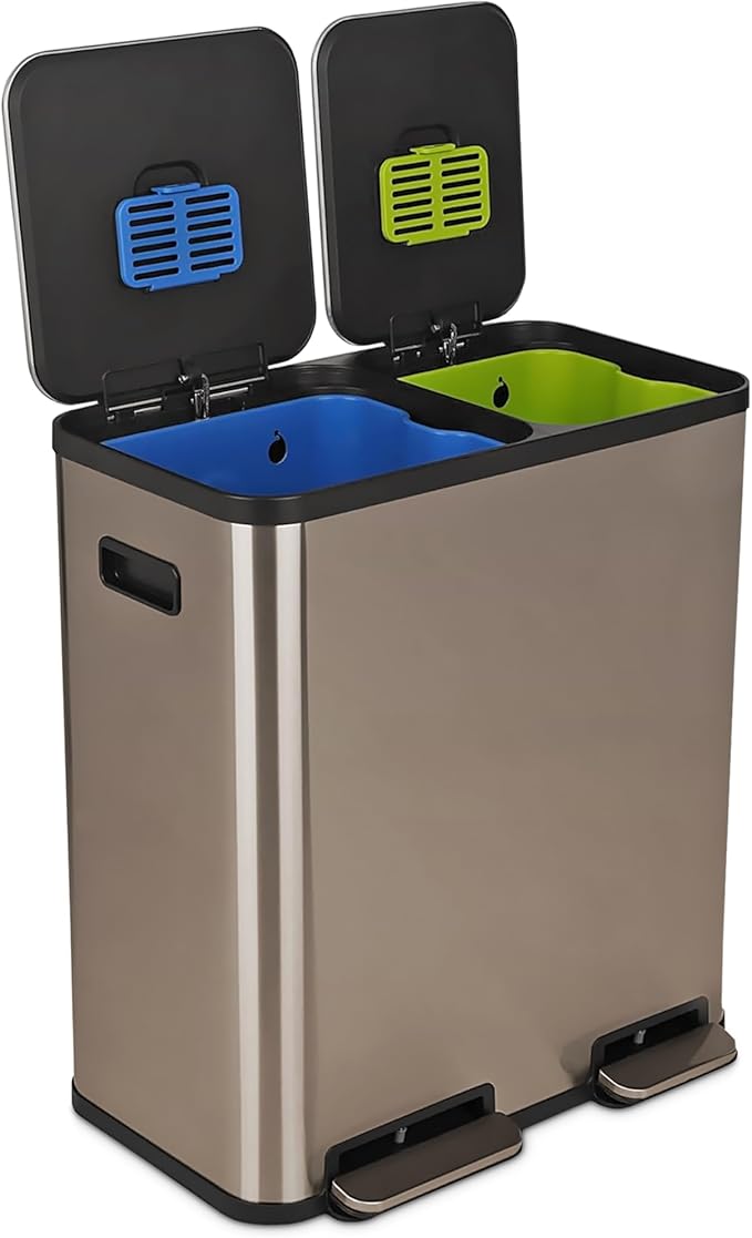 Simpli-Magic 70 Liter / 18.5 Gallon Rectangular Hands-Free Dual Compartment Recycling Kitchen Step Trash Can with Soft-Close Single Lid, Stainless Steel (40L x 30L Capacity) Rose Gold Finish